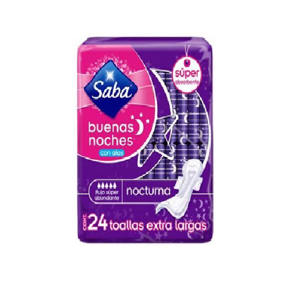 Toallas femeninas Saba Buenas Noches flujo súper abundante con alas 30 pzas