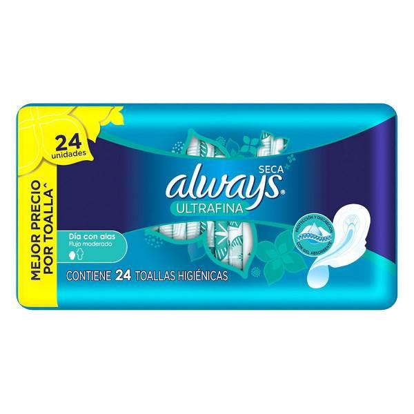 Toallas femeninas Always seca ultrafina con alas 24 pz