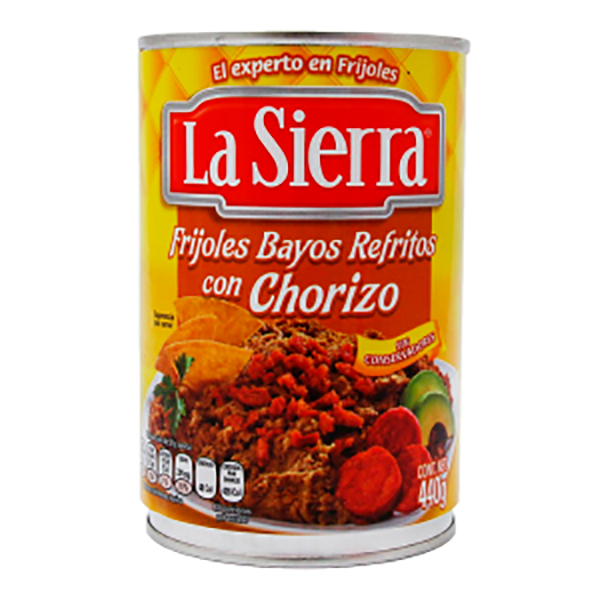 Frijoles bayos refritos con chorizo en lata 440 g La Sierra